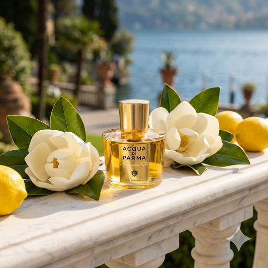 Frasco transparente con tapón dorado de Acqua di Parma Magnolia Nobile rodeado de exuberantes flores de magnolia y limones en un balcón del Lago de Como.
