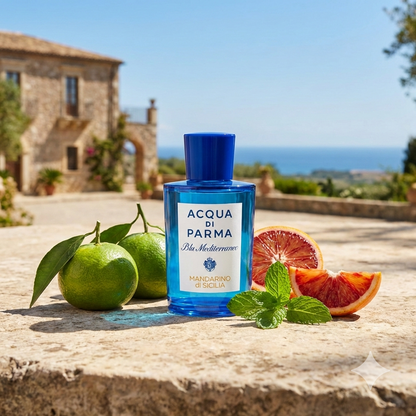 Frasco azul del perfume Acqua di Parma Mandarino di Sicilia rodeado de mandarinas verdes frescas, naranjas sanguinas y hojas de menta en un soleado paisaje de Sicilia.
