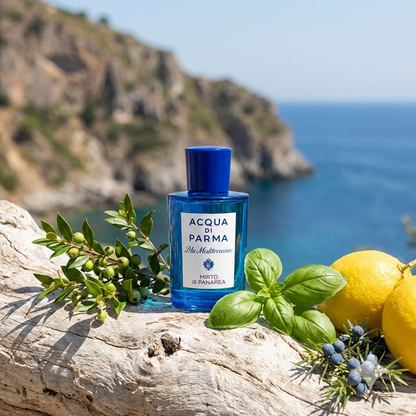 Frasco azul del perfume Acqua di Parma Mirto di Panarea rodeado de ramitas de mirto, albahaca fresca y cítricos con el mar Mediterráneo de fondo.