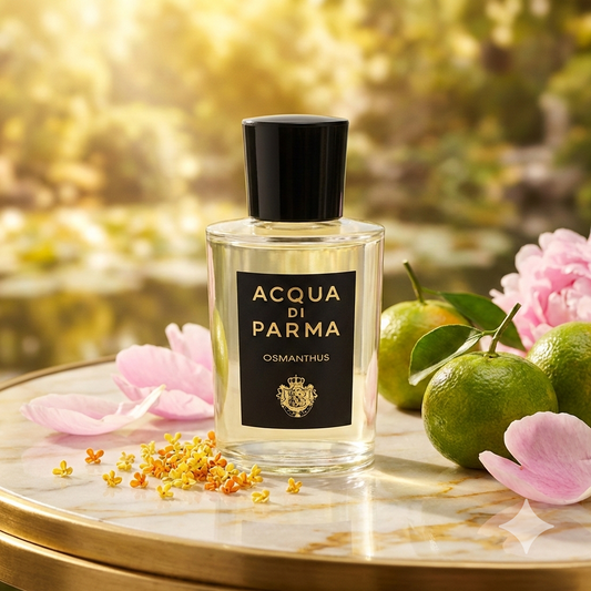Frasco de la colección Signatures of the Sun de Acqua di Parma Osmanthus rodeado de pequeñas flores de osmanto, mandarinas verdes y luz dorada.