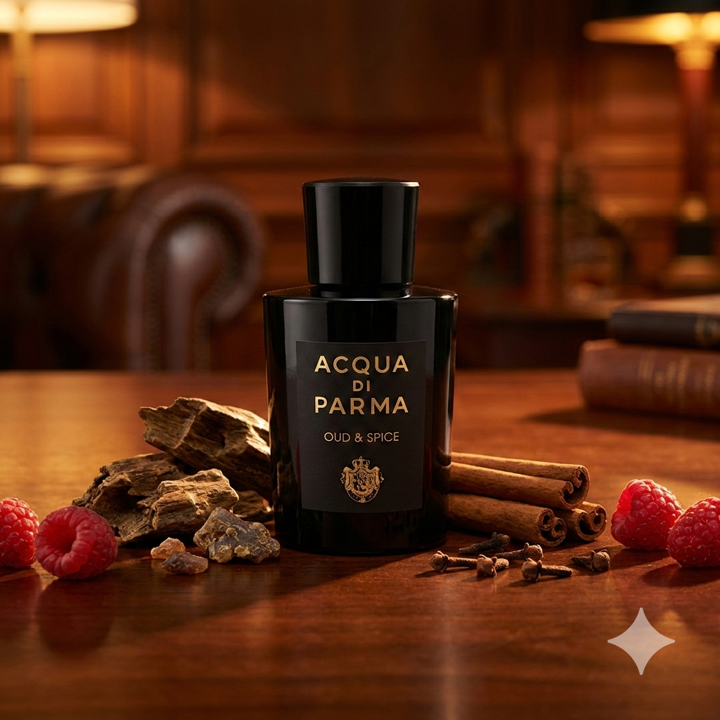 Frasco negro opaco de Acqua di Parma Oud & Spice rodeado de trozos de madera de oud, ramas de canela, clavos de olor y frambuesas frescas en un ambiente cálido y lujoso.