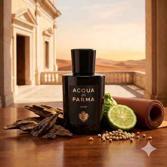 Frasco oscuro del perfume Acqua di Parma Oud con su etiqueta negra y dorada caracteristica.