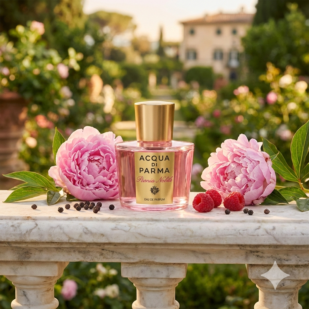 Frasco transparente con tapón dorado de Acqua di Parma Peonia Nobile rodeado de suntuosas peonías rosas y frambuesas frescas en un elegante jardín italiano.