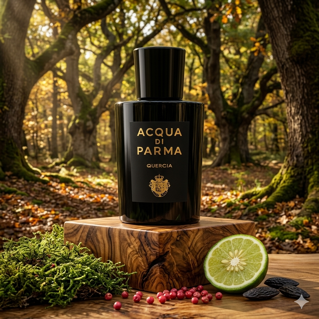Frasco negro de Acqua di Parma Quercia sobre corteza de roble, estilo Casa Flores.