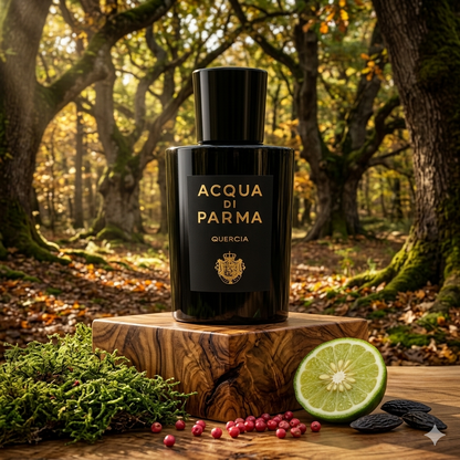 Frasco negro de Acqua di Parma Quercia sobre corteza de roble, estilo Casa Flores.