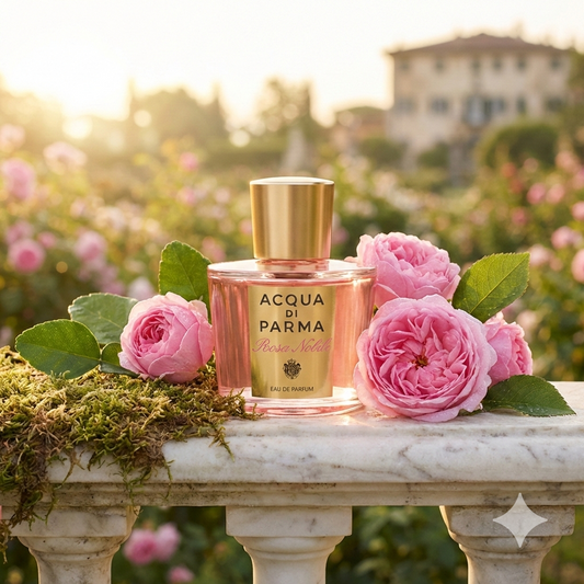 Frasco transparente con tapón dorado de Acqua di Parma Rosa Nobile rodeado de rosas Centifolia rosadas, pétalos y rocío en un elegante jardín italiano.