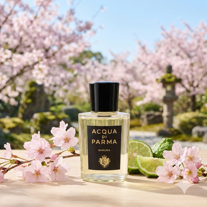 Frasco transparente de Acqua di Parma Sakura con etiqueta negra, rodeado de delicadas flores de cerezo rosadas y luz primaveral.