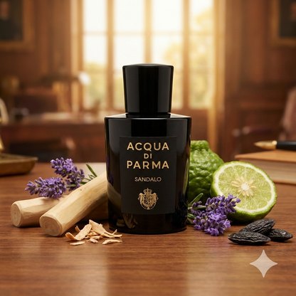 Frasco negro opaco de Acqua di Parma Sandalo rodeado de suave madera de sándalo, flores de lavanda y cítricos en un ambiente cálido y elegante.