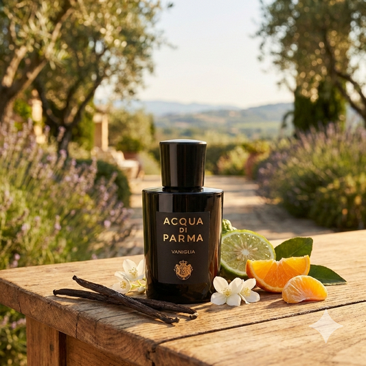 Frasco negro opaco de Acqua di Parma Vaniglia rodeado de vainas oscuras de vainilla de Madagascar, flores de jazmín y cítricos frescos bajo una cálida luz dorada.