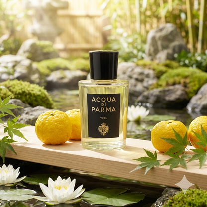 Frasco transparente de Acqua di Parma Yuzu rodeado de frutas cítricas yuzu, delicadas flores de loto y luz brillante.
