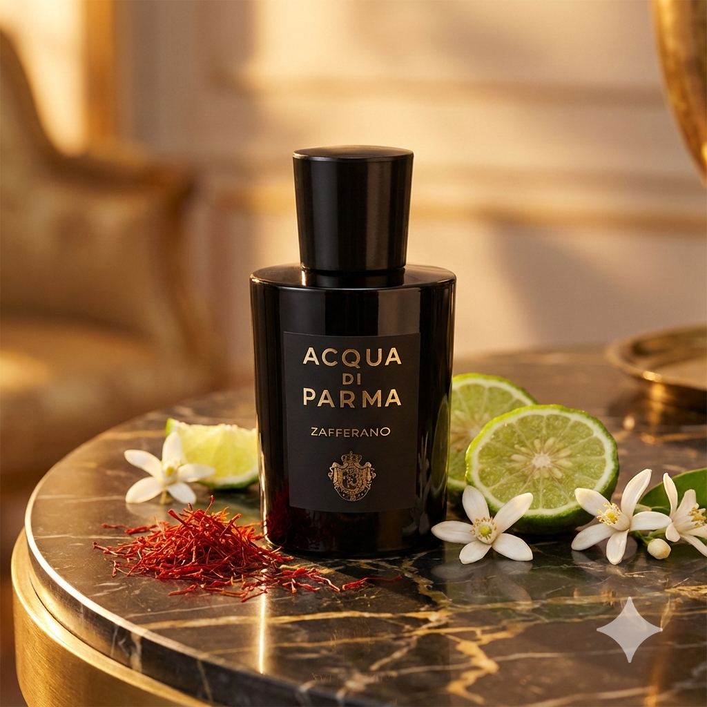 Frasco negro opaco de Acqua di Parma Zafferano rodeado de finas hebras de azafrán rojo, cítricos brillantes y flores blancas bajo una cálida luz dorada.