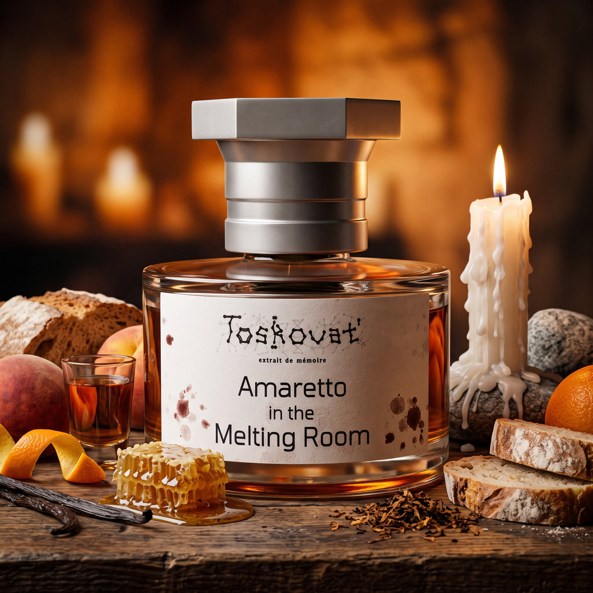 Frasco de cristal con líquido ámbar cobrizo, tapón hexagonal plateado y etiqueta blanca con manchas oscuras de Amaretto In The Melting Room de Toskovat', rodeado de copa de amaretto, pan, miel y velas encendidas, estilo Casa Flores.