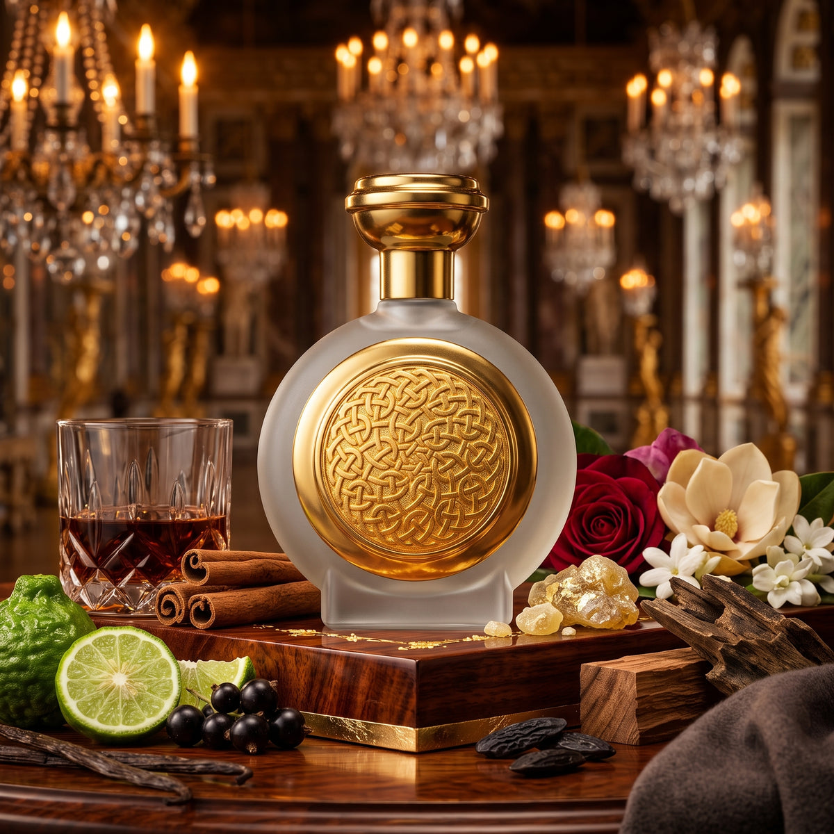 Frasco circular de cristal esmerilado con escudo celta dorado de Amber Sapphire de Boadicea the Victorious, rodeado de ron, canela, rosa y madera de oud, estilo Casa Flores.