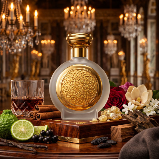 Frasco circular de cristal esmerilado con escudo celta dorado de Amber Sapphire de Boadicea the Victorious, rodeado de ron, canela, rosa y madera de oud, estilo Casa Flores.