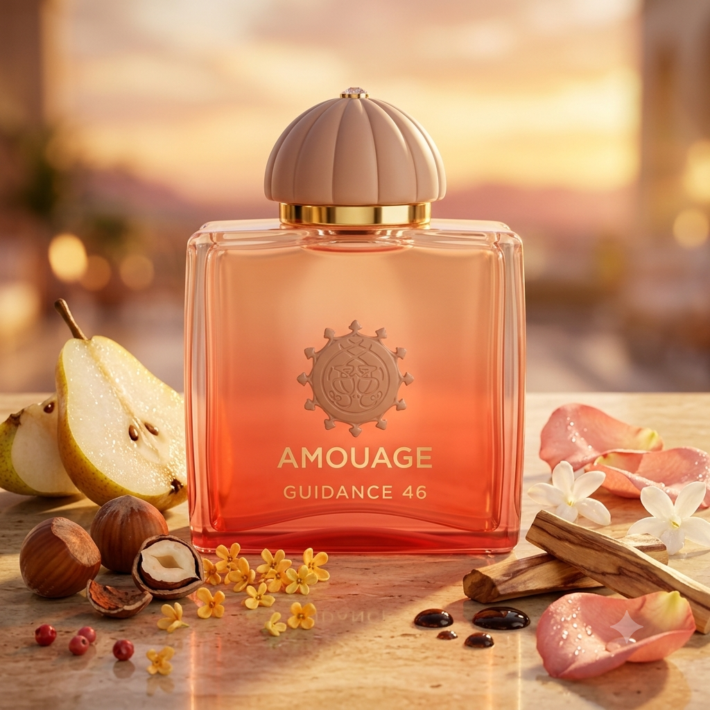 Frasco degradado melocotón de Amouage Guidance 46 sobre mármol con pera, avellana, rosa y ládano, estilo Casa Flores.