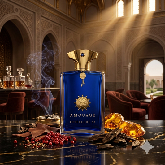 Lujoso frasco azul oscuro y dorado de Amouage Interlude 53 rodeado de incienso humeante, bayas de pimiento, cuero y oud sobre mármol negro en un palacio de Omán.