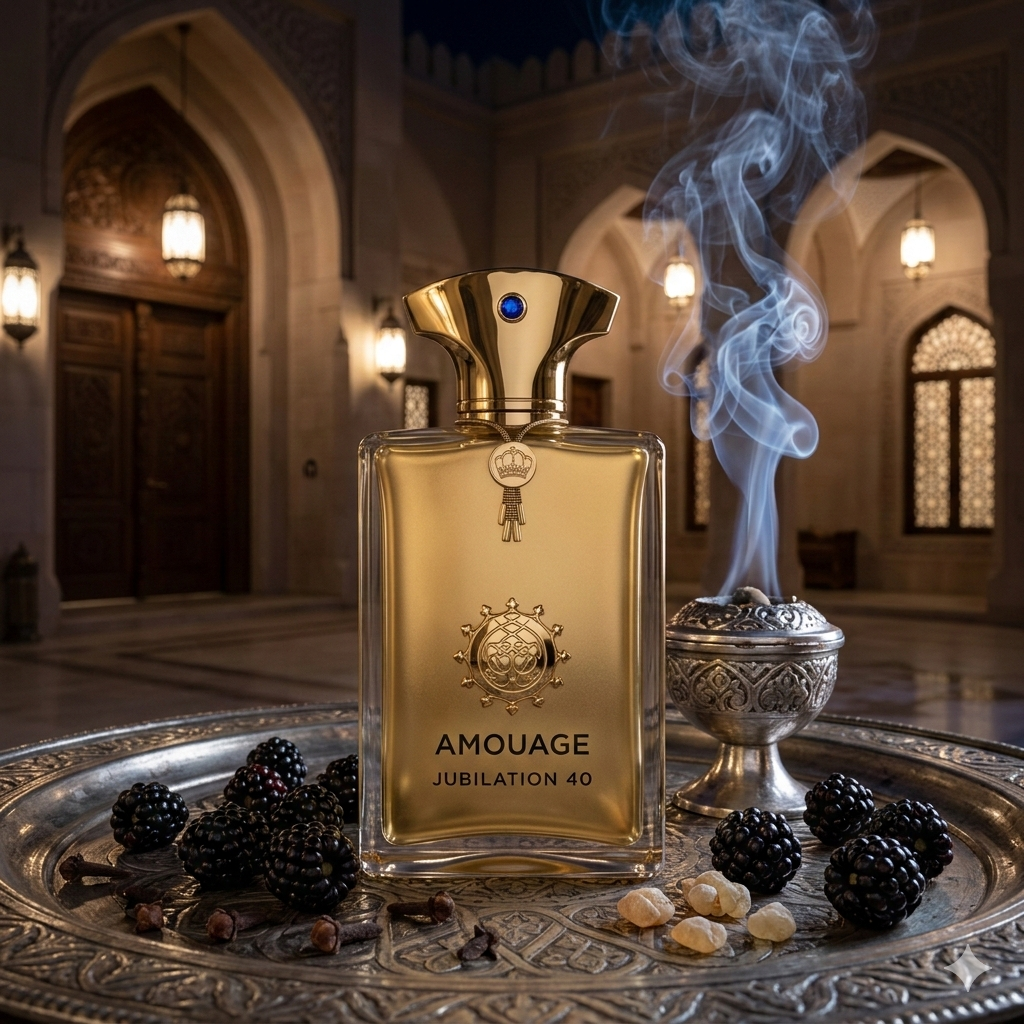 Frasco de Amouage Jubilation 40 Man sobre una bandeja de plata cincelada dentro de un palacio de Omán, con incienso quemándose, dátiles y un fondo de arquitectura árabe de noche.