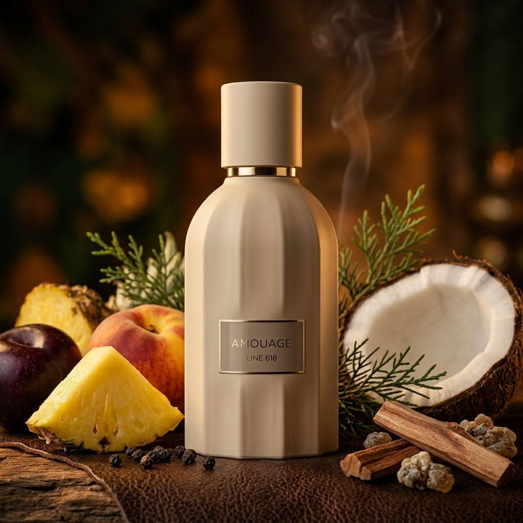 Frasco estriado color crema de Amouage Line 618 sobre cuero oscuro con piña, coco y madera ahumada, estilo Casa Flores.