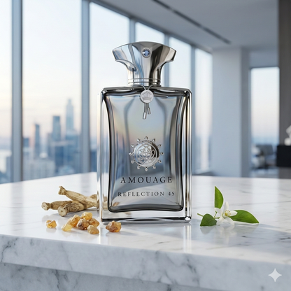 Frasco plateado de Amouage Reflection 45 sobre una consola de mármol blanco en un salón minimalista de lujo, rodeado de raíces de lirio, resina de mirra y luz fría de mañana.