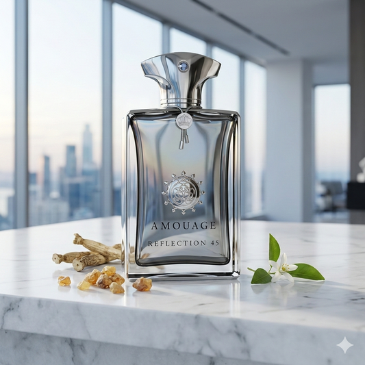 Frasco plateado de Amouage Reflection 45 sobre una consola de mármol blanco en un salón minimalista de lujo, rodeado de raíces de lirio, resina de mirra y luz fría de mañana.