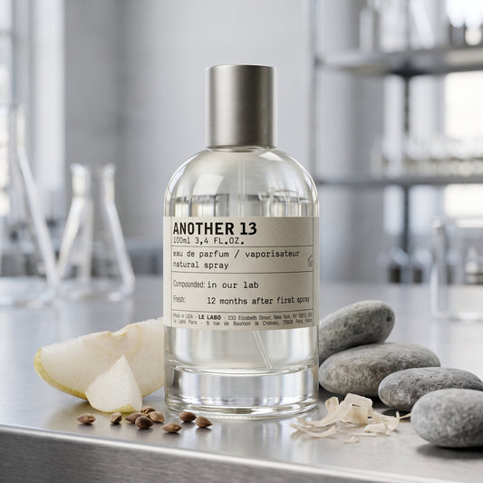 Frasco de botica de Another 13 de Le Labo con etiqueta de laboratorio sobre metal cepillado con pera, almizcle ambreta e Iso E Super, estilo Casa Flores.