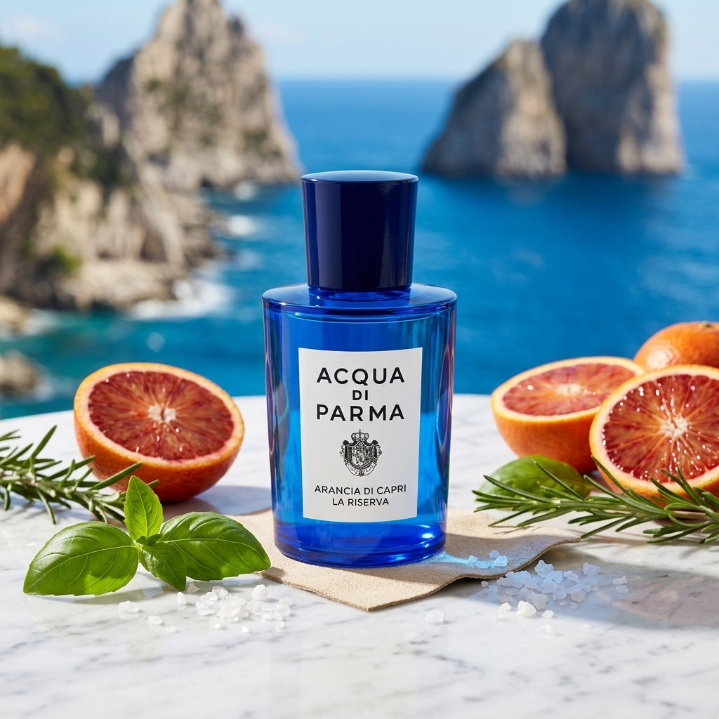 Frasco azul de Acqua di Parma Arancia di Capri La Riserva sobre mármol con naranja sanguina, sal, romero y gamuza, estilo Casa Flores.