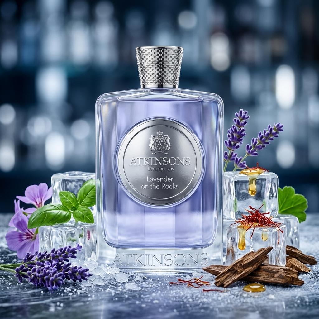Frasco transparente con líquido lavanda pálido de Atkinsons Lavender on the Rocks sobre barra de hielo con albahaca y azafrán, estilo Casa Flores.