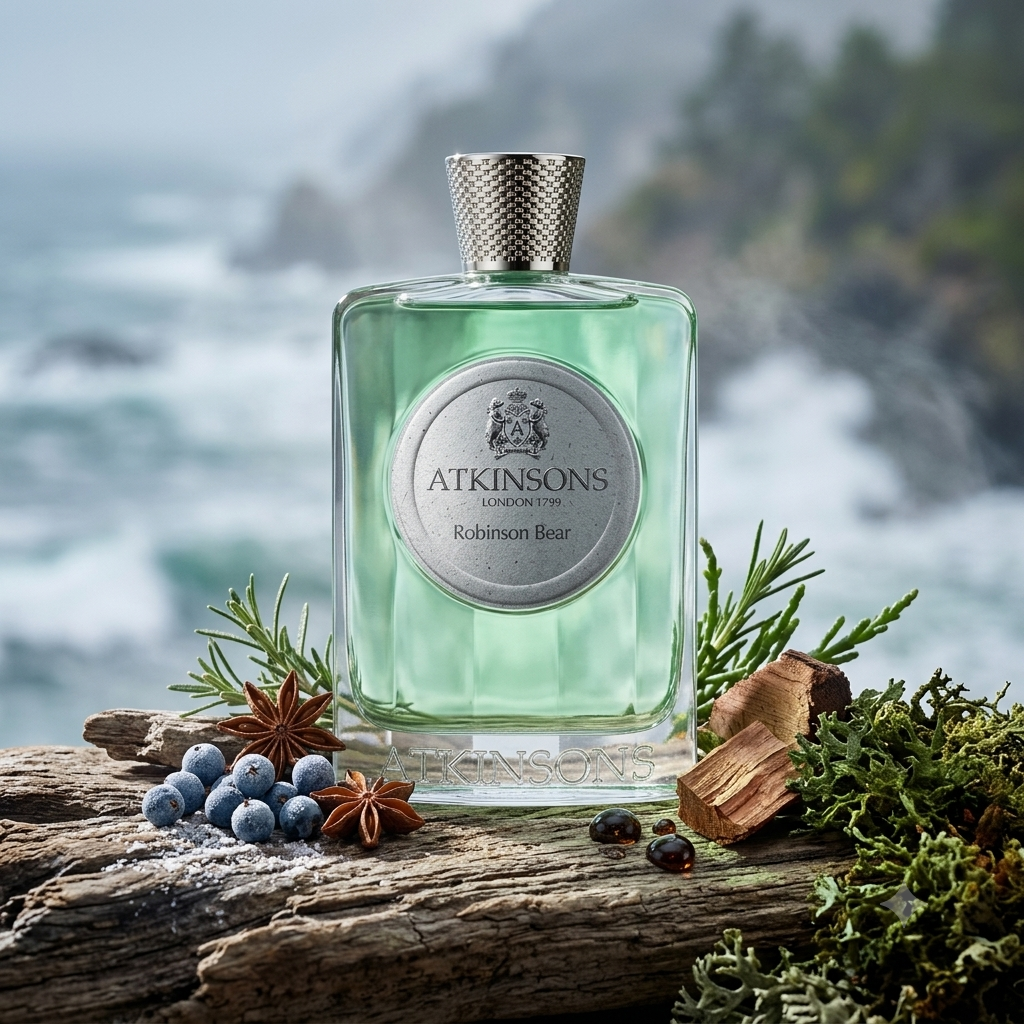 Frasco de cristal verde con medallón plateado de Atkinsons Robinson Bear sobre madera de naufragio con enebro y anís estrellado, estilo Casa Flores.