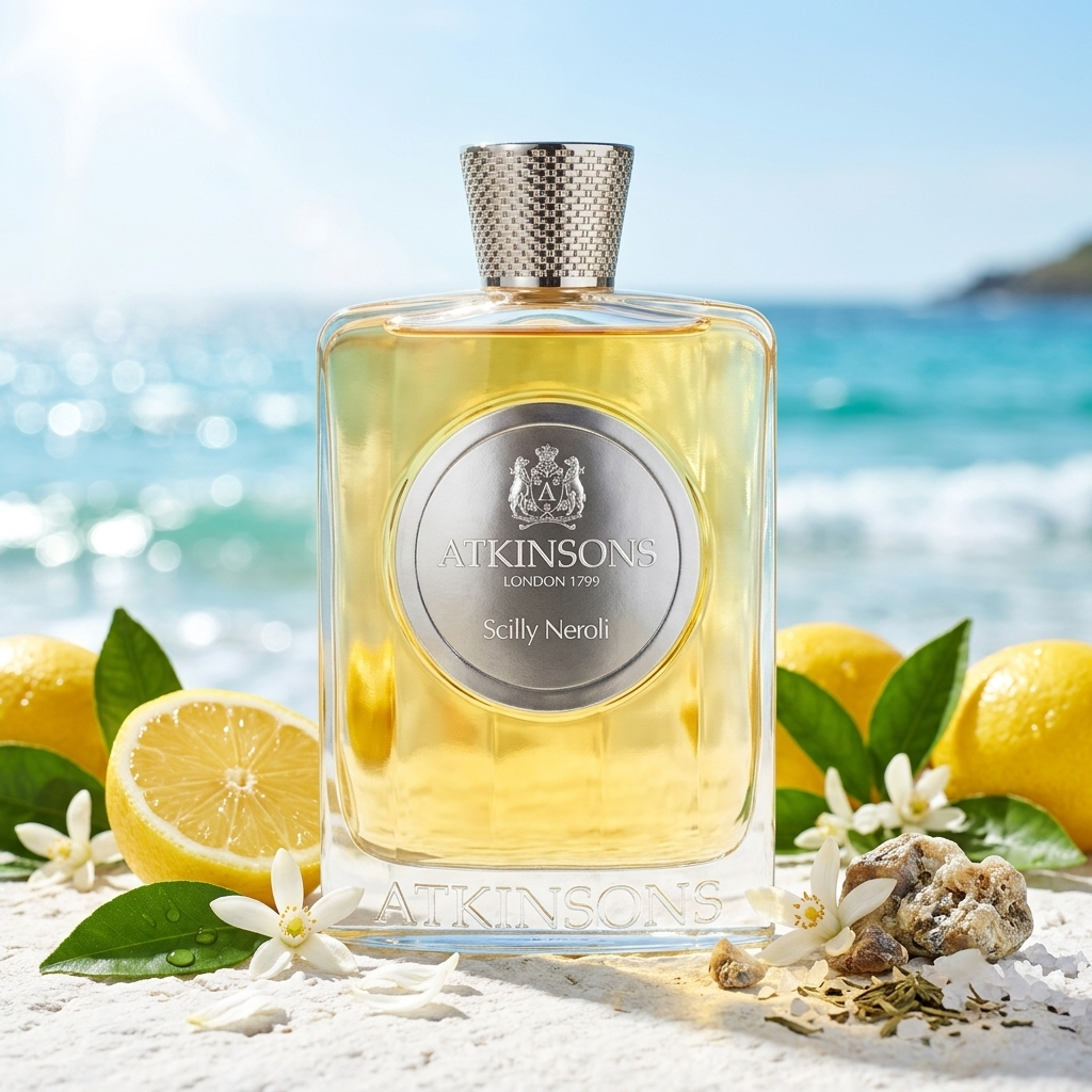 Frasco transparente con líquido dorado y medallón plateado de Atkinsons Scilly Neroli sobre piedra blanca con limones, flor de azahar y brisa costera, estilo Casa Flores.