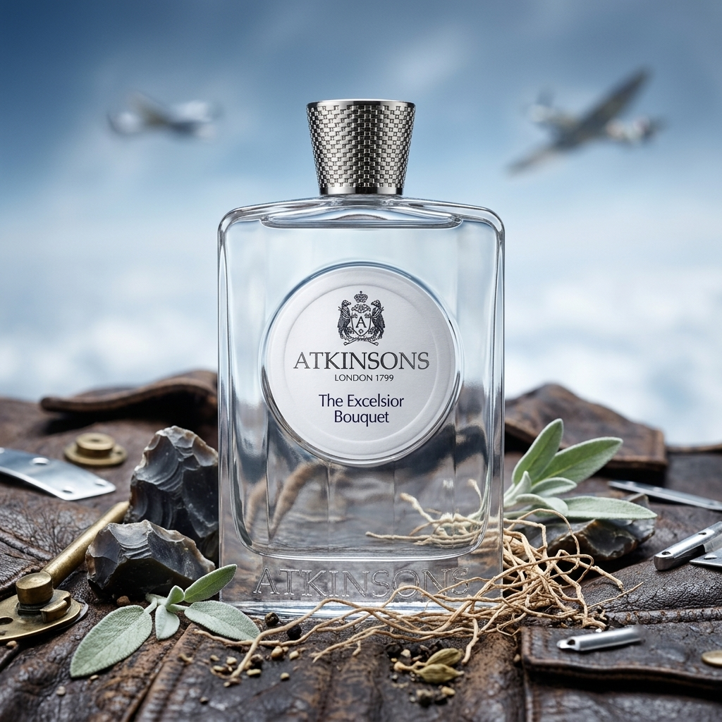 Frasco transparente con medallón blanco de Atkinsons The Excelsior Bouquet sobre cuero de aviador con piedra sílex, salvia y vetiver, estilo Casa Flores.
