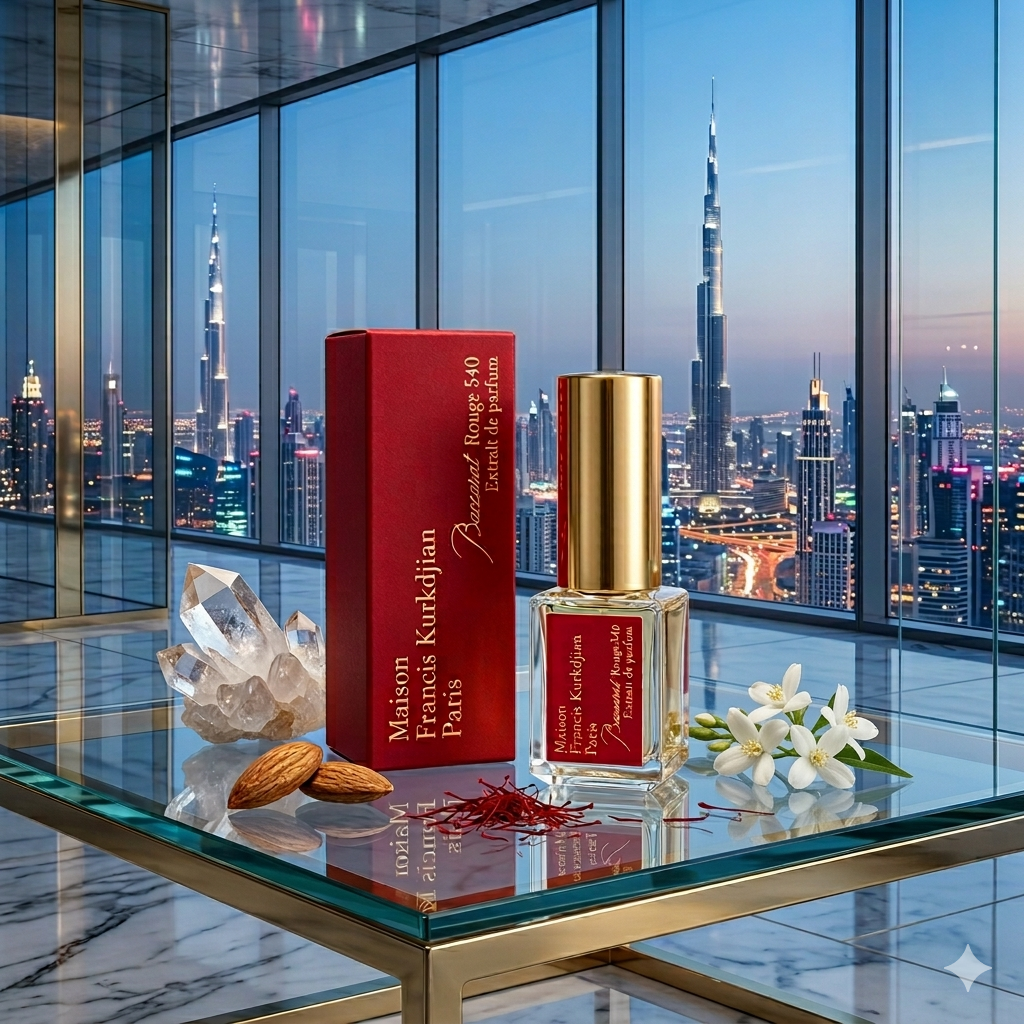 Frascos oficiales de viaje de Baccarat Rouge 540 Extrait de Parfum en estuche rojo de lujo, estilo Casa Flores.