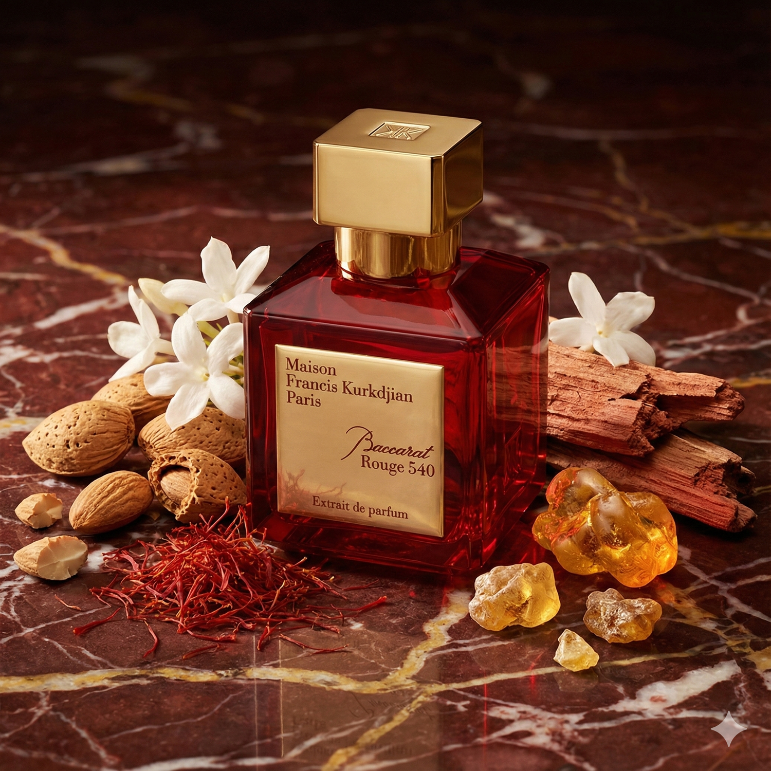 Lujoso frasco rojo de Baccarat Rouge 540 Extrait rodeado de hebras de azafrán, almendras amargas, jazmín y ámbar sobre una superficie de cristal bajo luz rubí.