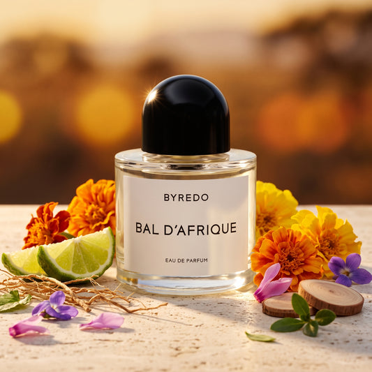 Frasco clásico de Bal d'Afrique de Byredo con tapón negro sobre madera cálida con tagete africano, vetiver y bergamota, estilo Casa Flores.