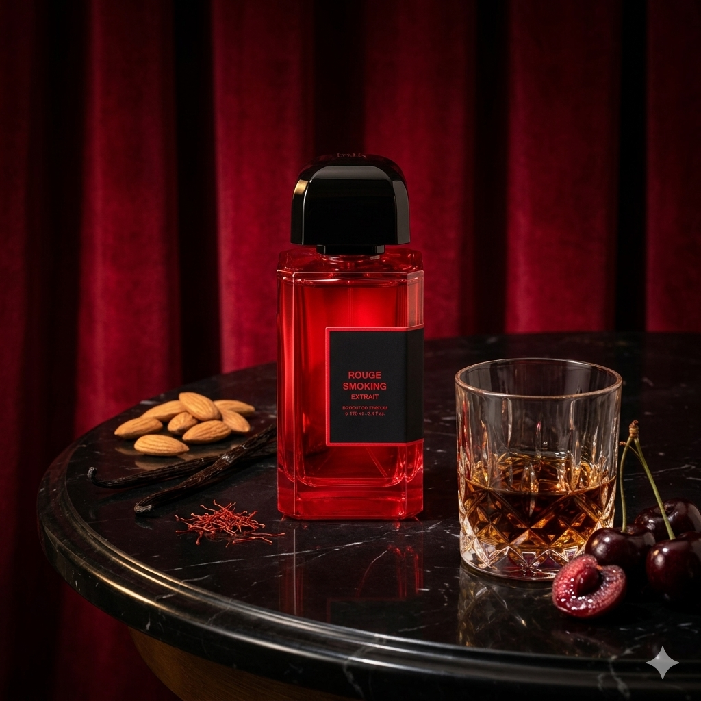 Frasco de BDK Rouge Smoking Extrait rodeado de cerezas oscuras, ron y terciopelo rojo, estilo Casa Flores.
