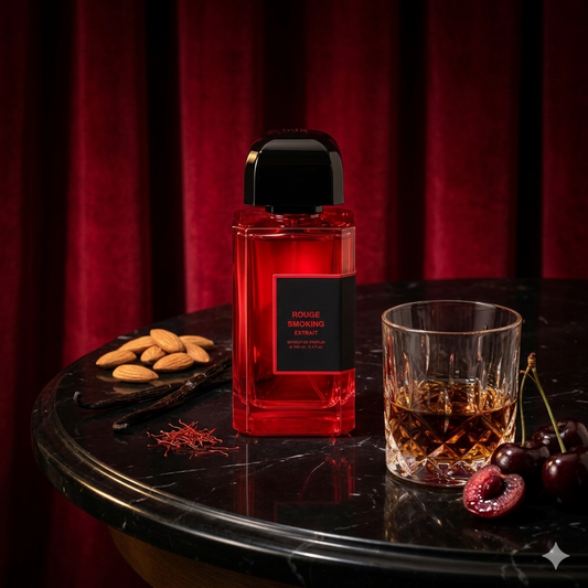 Frasco de BDK Rouge Smoking Extrait rodeado de cerezas oscuras, ron y terciopelo rojo, estilo Casa Flores.
