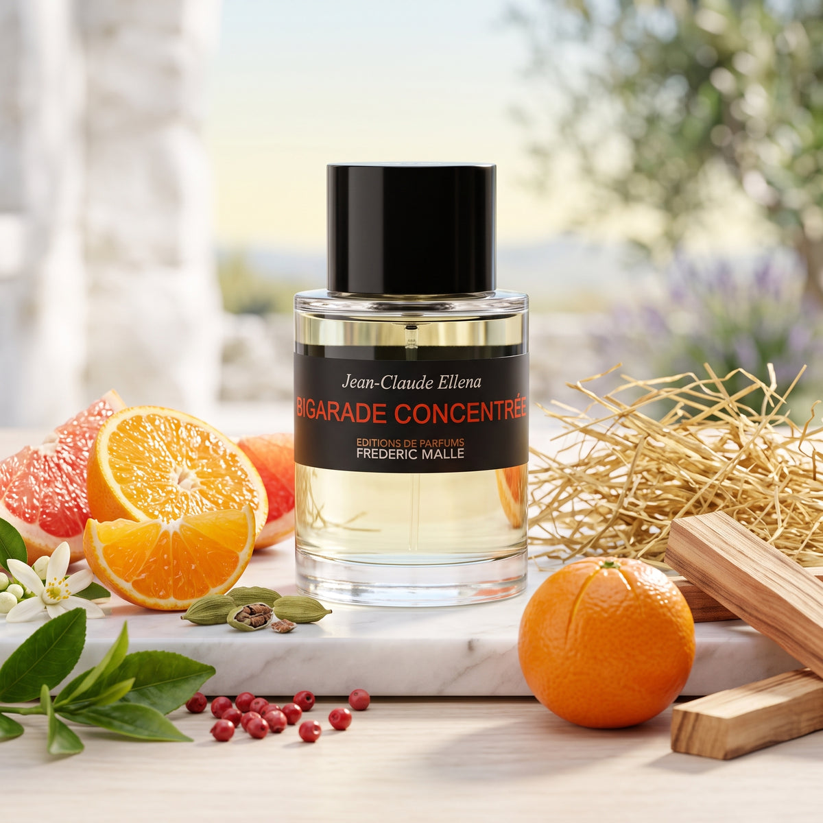 Frasco cilíndrico de Bigarade Concentree de Frederic Malle con líquido amarillo claro y etiqueta negra con texto rojo, rodeado de naranja amarga, heno y cardamomo, estilo Casa Flores.