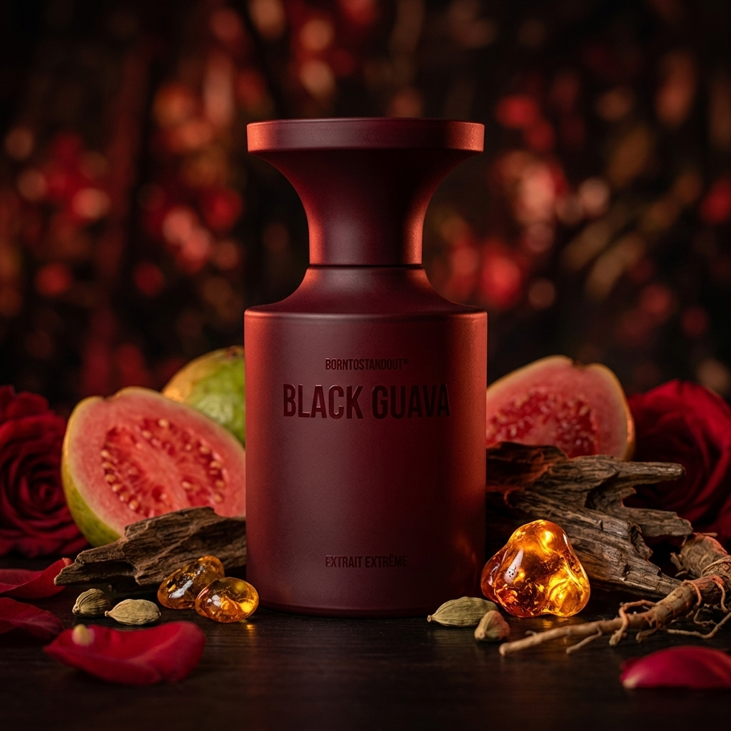 Frasco borgoña mate de BORNTOSTANDOUT Black Guava sobre madera oscura con guayaba, oud, cardamomo y resina de ámbar, estilo Casa Flores.