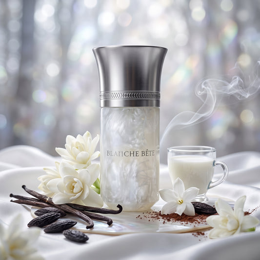 Frasco blanco perlado de Blanche Bête de Les Liquides Imaginaires con tapón plateado sobre seda blanca con leche, nardos y vainilla, estilo Casa Flores.