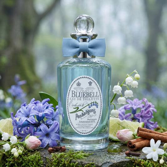 Frasco clásico de Bluebell de Penhaligon's con líquido y lazo azul celeste, rodeado de jacintos, lirio de los valles y canela, estilo Casa Flores.