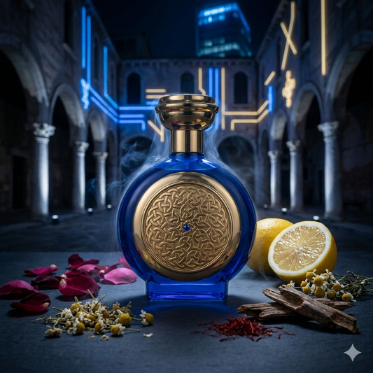 Frasco azul cobalto esférico de Boadicea the Victorious Blue Sapphire con escudo de trenzado celta dorado, posado sobre una superficie de piedra caliza texturizada en un patio minimalista nocturno, con la luz de la luna reflejada en el iris pálido al fondo.