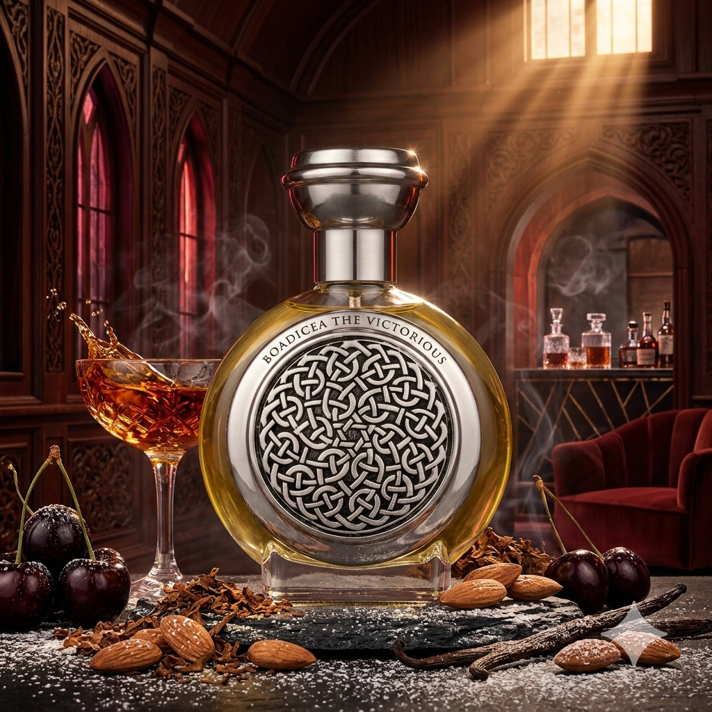 Ornata botella negra mate de Boadicea the Victorious Bodacious sobre una mesa de obsidiana pulida, rodeada de cerezas negras jugosas, una copa con coñac añejo, almendras tostadas, hojas de tabaco de pipa y vainas de vainilla Bourbon, con el fondo de un clandestino club nocturno de lujo con paneles de obsidiana pulida y luz carmesí.