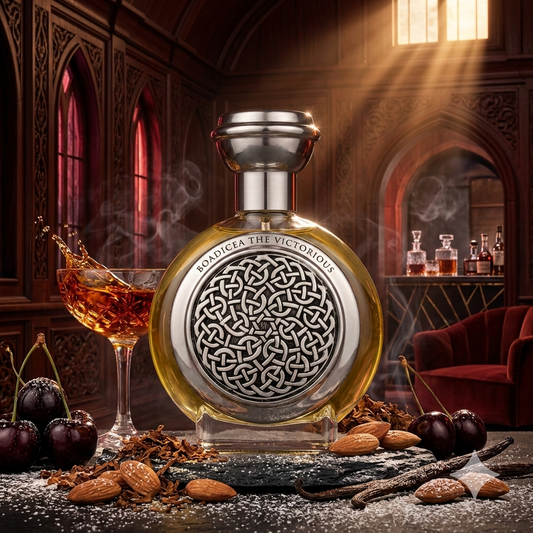Ornata botella negra mate de Boadicea the Victorious Bodacious sobre una mesa de obsidiana pulida, rodeada de cerezas negras jugosas, una copa con coñac añejo, almendras tostadas, hojas de tabaco de pipa y vainas de vainilla Bourbon, con el fondo de un clandestino club nocturno de lujo con paneles de obsidiana pulida y luz carmesí.
