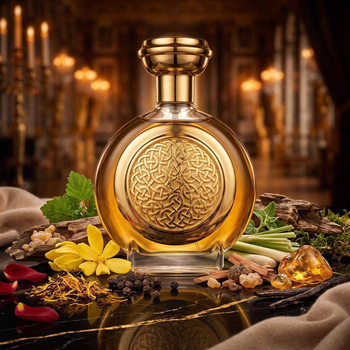 Frasco circular de cristal transparente con escudo celta dorado de Boadicea Nemer de Boadicea the Victorious, rodeado de azafrán, rosas turcas, madera de oud y resinas, estilo Casa Flores.