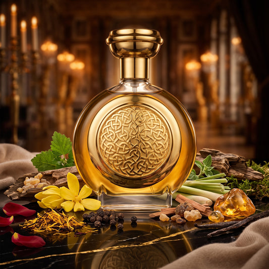 Frasco circular de cristal transparente con escudo celta dorado de Boadicea Nemer de Boadicea the Victorious, rodeado de azafrán, rosas turcas, madera de oud y resinas, estilo Casa Flores.