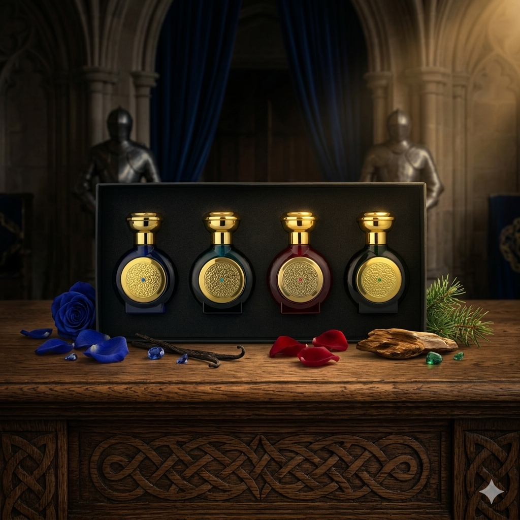 Estuche de lujo Boadicea the Victorious Royal Sapphires Collection abierto, mostrando los perfumes sobre terciopelo oscuro, junto a escudos celtas y joyas, estilo Casa Flores.