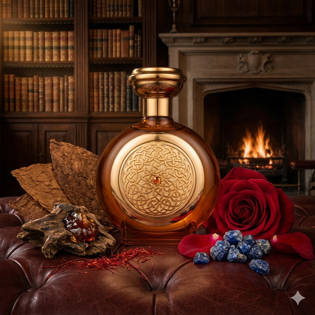 Frasco de Boadicea Tobacco Sapphire con escudo dorado y zafiro sobre madera oscura, estilo Casa Flores.