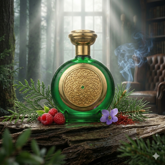 Frasco de Green Sapphire de Boadicea the Victorious sobre musgo húmedo y madera de cedro, rodeado de agujas de pino y hojas de violeta, fotorrealismo de lujo para Casa Flores.