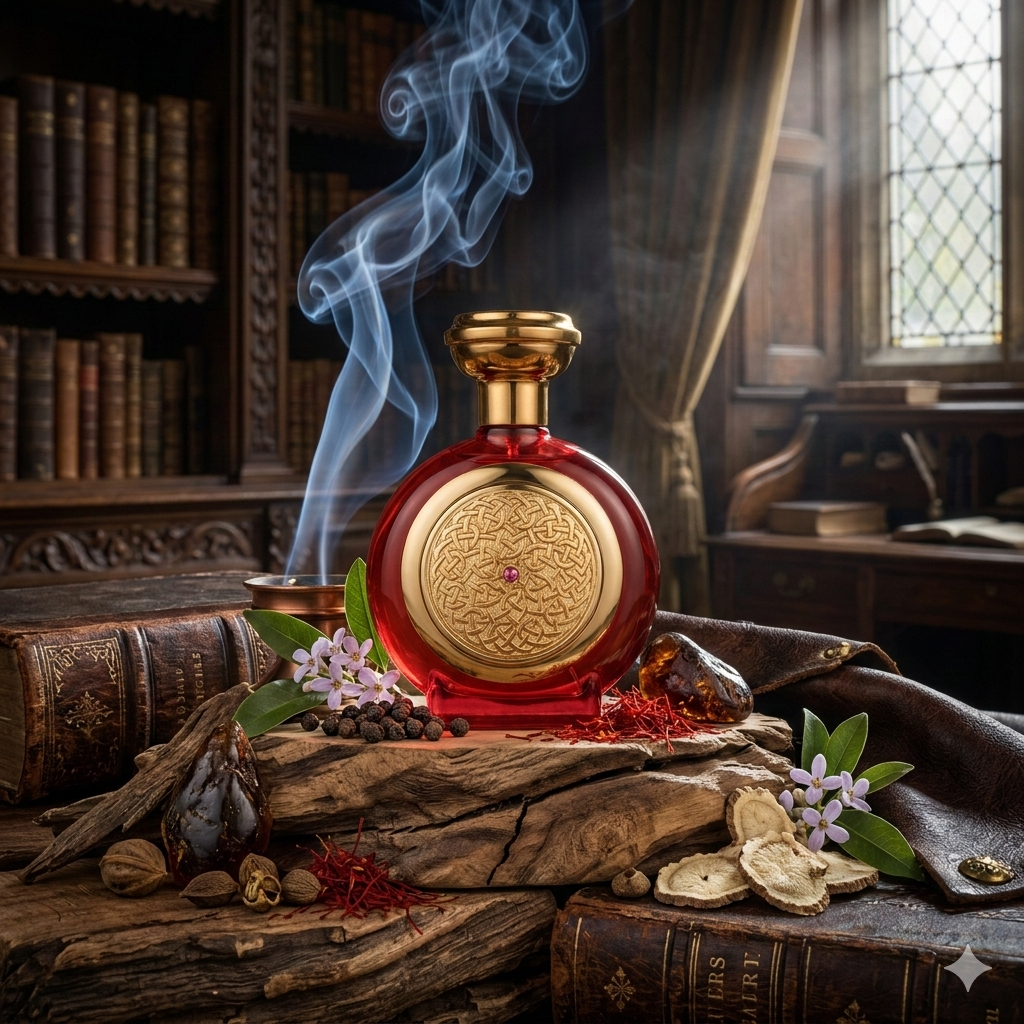 Frasco de Oud Sapphire de Boadicea the Victorious sobre una base de cuero oscuro, rodeado de resinas de styrax y madera de oud, fotorrealismo de lujo para Casa Flores.