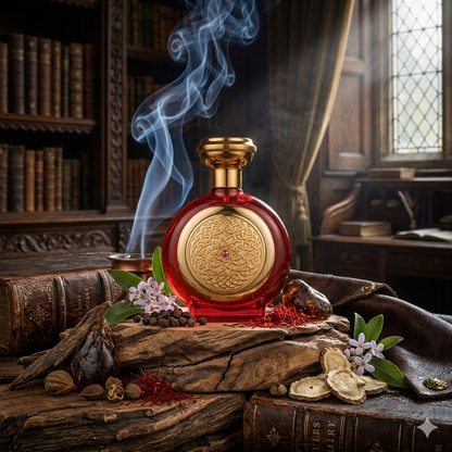 Frasco de Oud Sapphire de Boadicea the Victorious sobre una base de cuero oscuro, rodeado de resinas de styrax y madera de oud, fotorrealismo de lujo para Casa Flores.