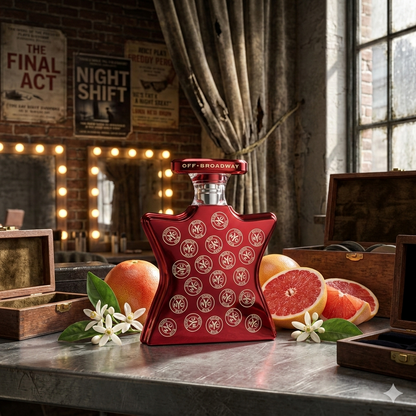 Frasco estrella de Bond No. 9 Off Broadway sobre una superficie de madera urbana o asfalto limpio, rodeado de flores de azahar y rodajas de pomelo, con luces de ciudad al fondo.